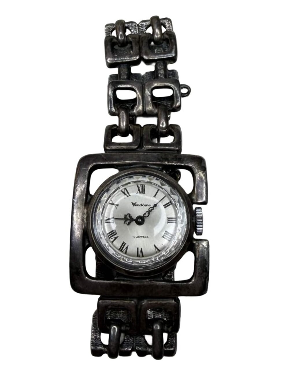 Vintage Vendome Wind Up Watch 17 Jewels Mechanical Square Link Bracelet Gunmetal